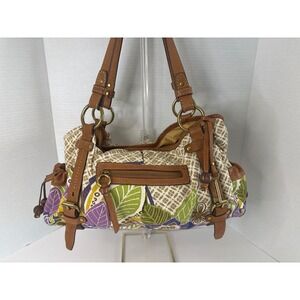 Fossil Canvas Floral Print Shoulder Bag Leather Trim Boho Satchel Multicolor